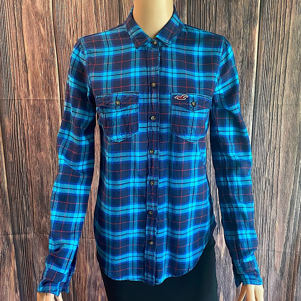 Hollister California NWT size XS electric blue & red plaid flannel button down
